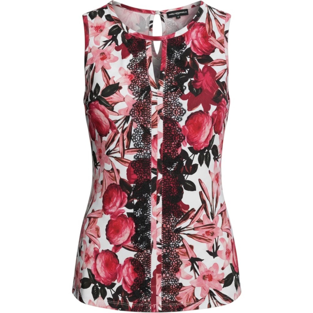 Karl Lagerfeld Paris Floral Lace Trim Keyhole Sleeveless Top XL Red Pink